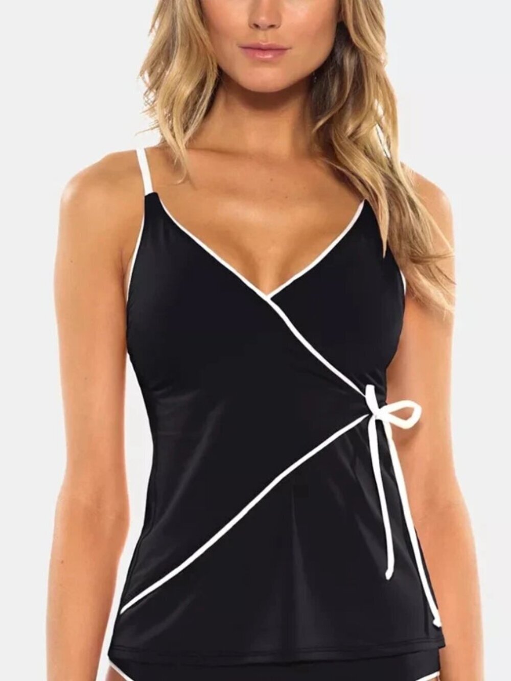 BECCA Black Swim Wrap Tankini Top with White Trim